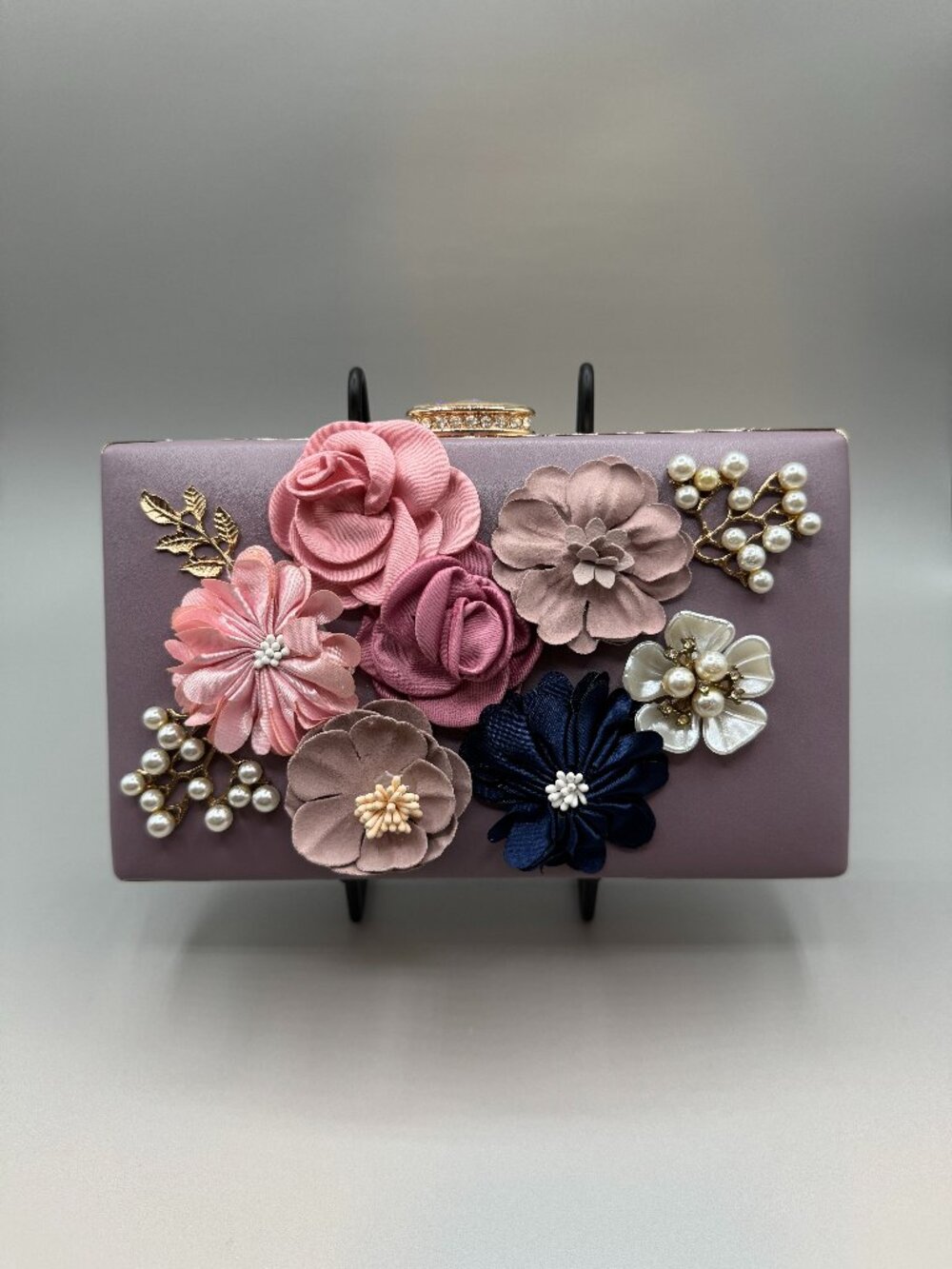NIB Milisente Floral Evening Clutch Purse Violet Pink 3D Flower Pearl Wedding